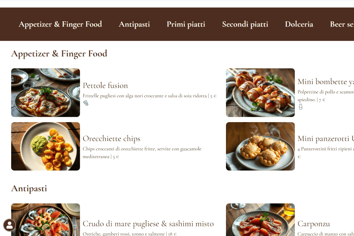 Anteprima menu digitale Restaurants Club