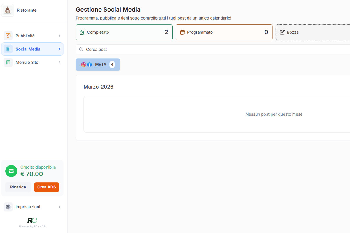 Anteprima gestione social Restaurants Club