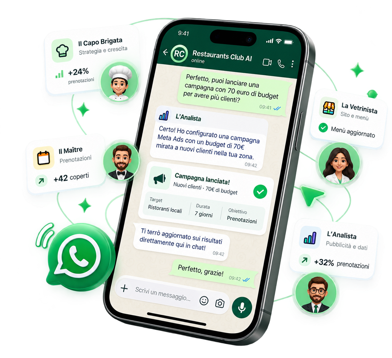 Smartphone con conversazione WhatsApp e agenti AI di Restaurants Club per la gestione del marketing del ristorante
