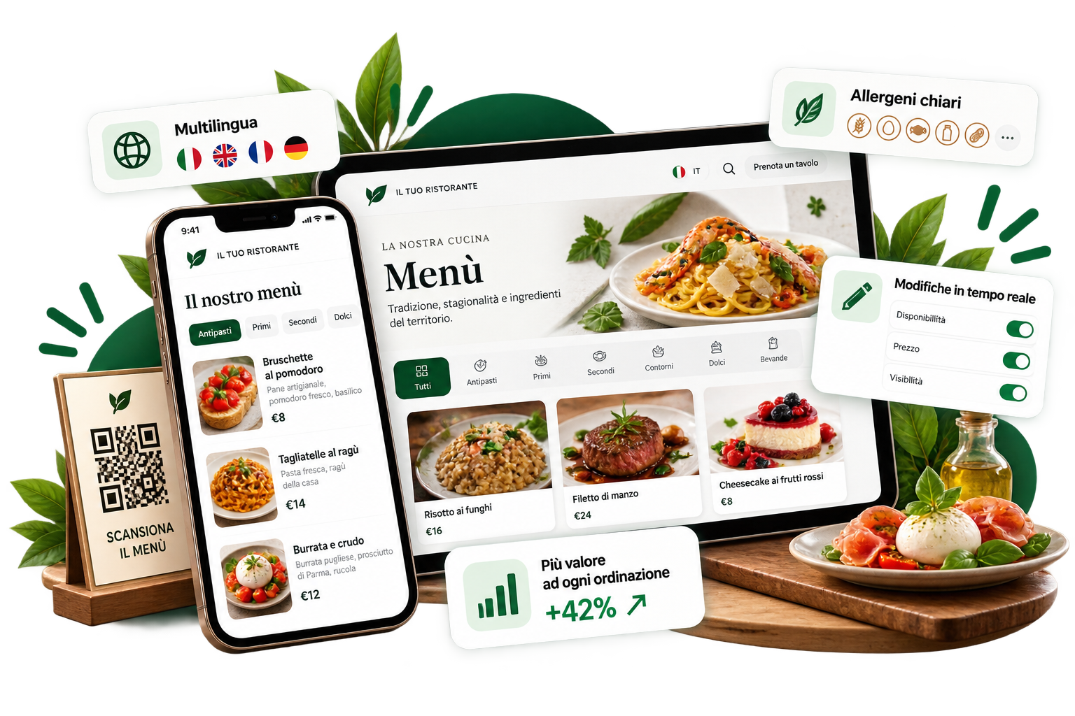 Menù digitale Restaurants Club visualizzato su smartphone e dispositivi