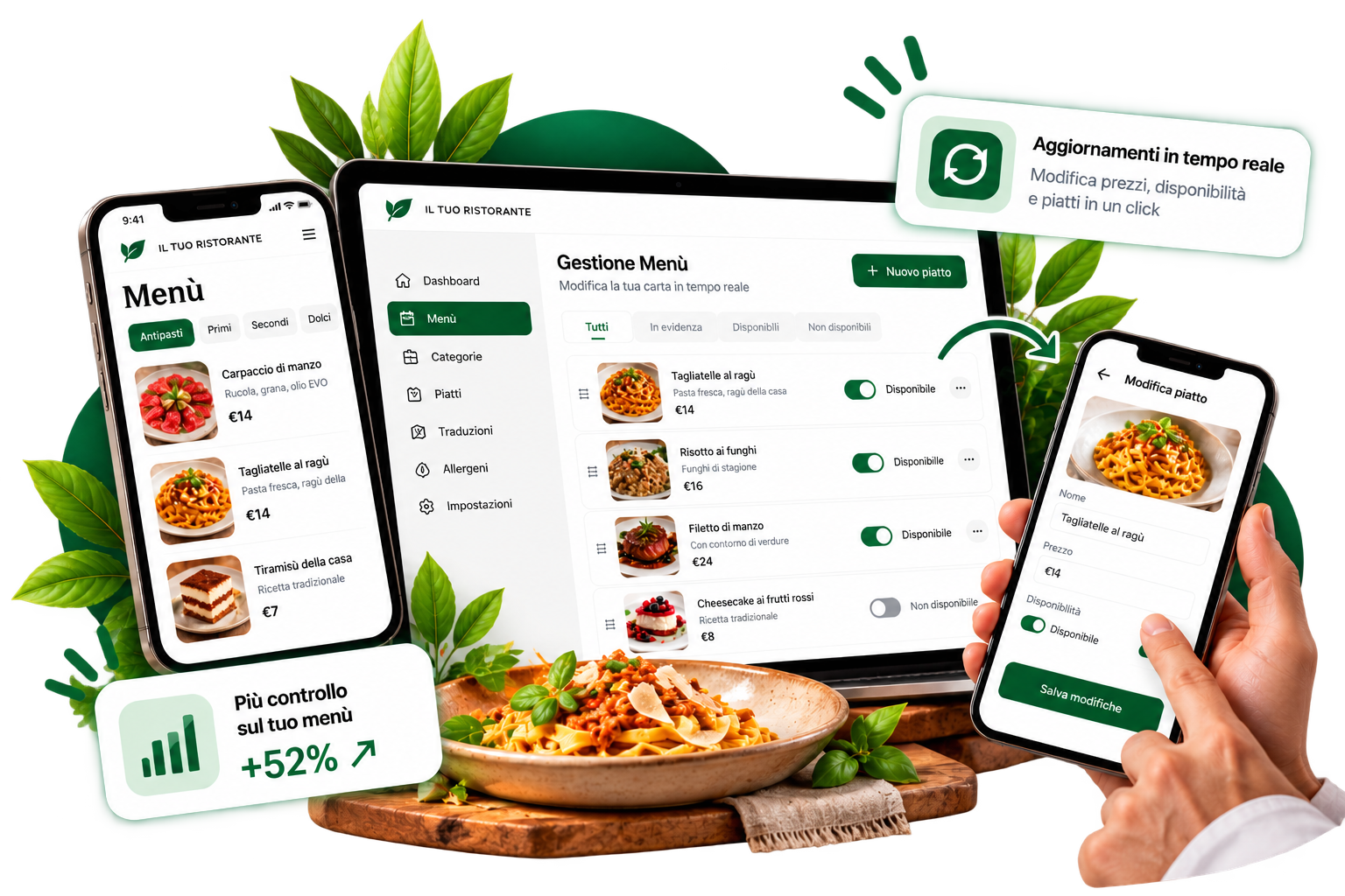 Gestione autonoma del menù digitale Restaurants Club con aggiornamento di piatti, prezzi e disponibilità