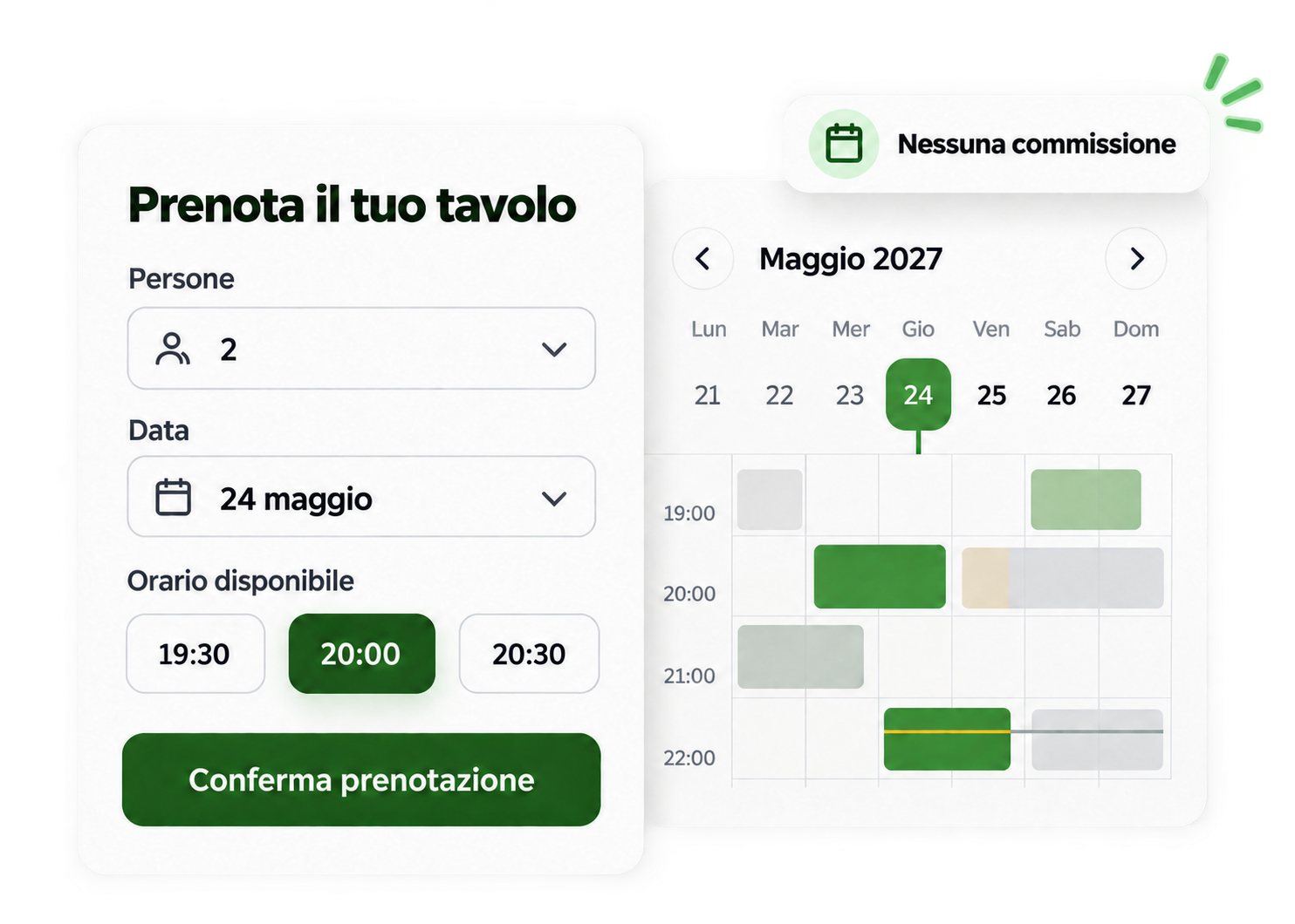 Anteprima illustrativa delle prenotazioni Restaurants Club: scelta di persone, data e orario, senza commissioni.