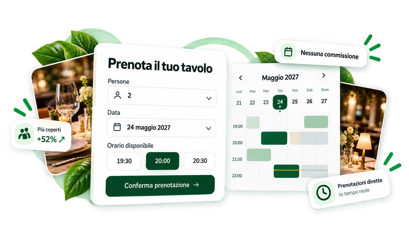 Sistema di prenotazione online Restaurants Club con selezione data, orario e tavolo
