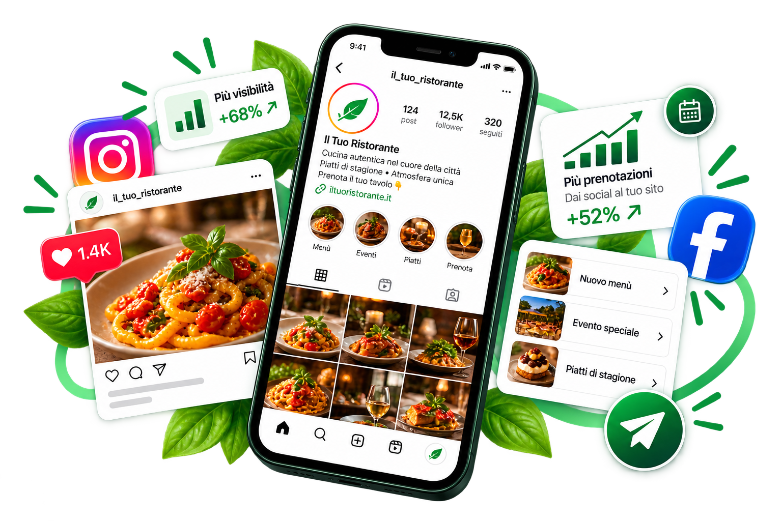 Dashboard Social Media e Meta Ads per ristoranti con campagne pubblicitarie e prenotazioni